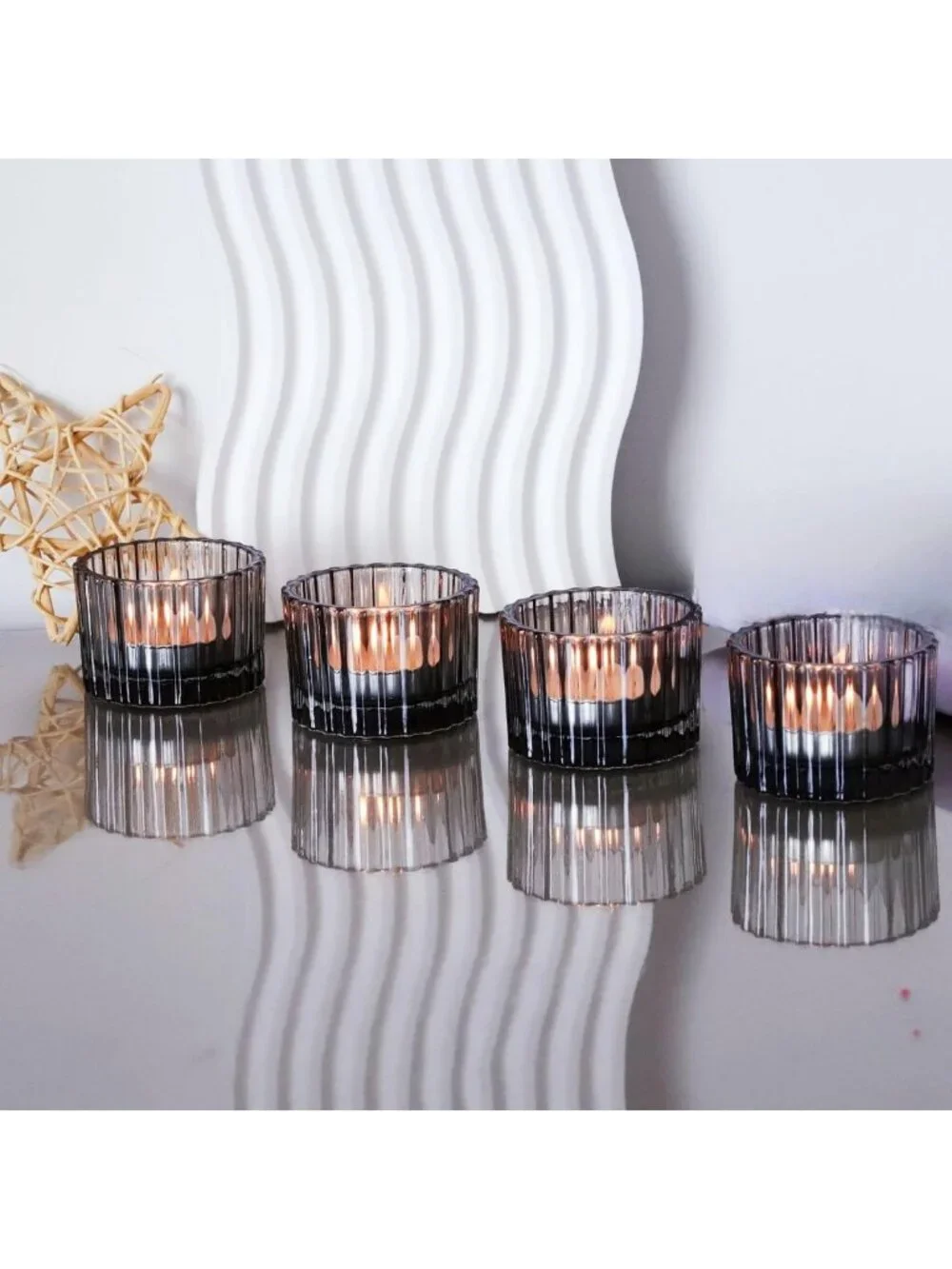 24pcs Smoky Grey Ribbed Tealight Candle Holders - Elegant Votive Decor
